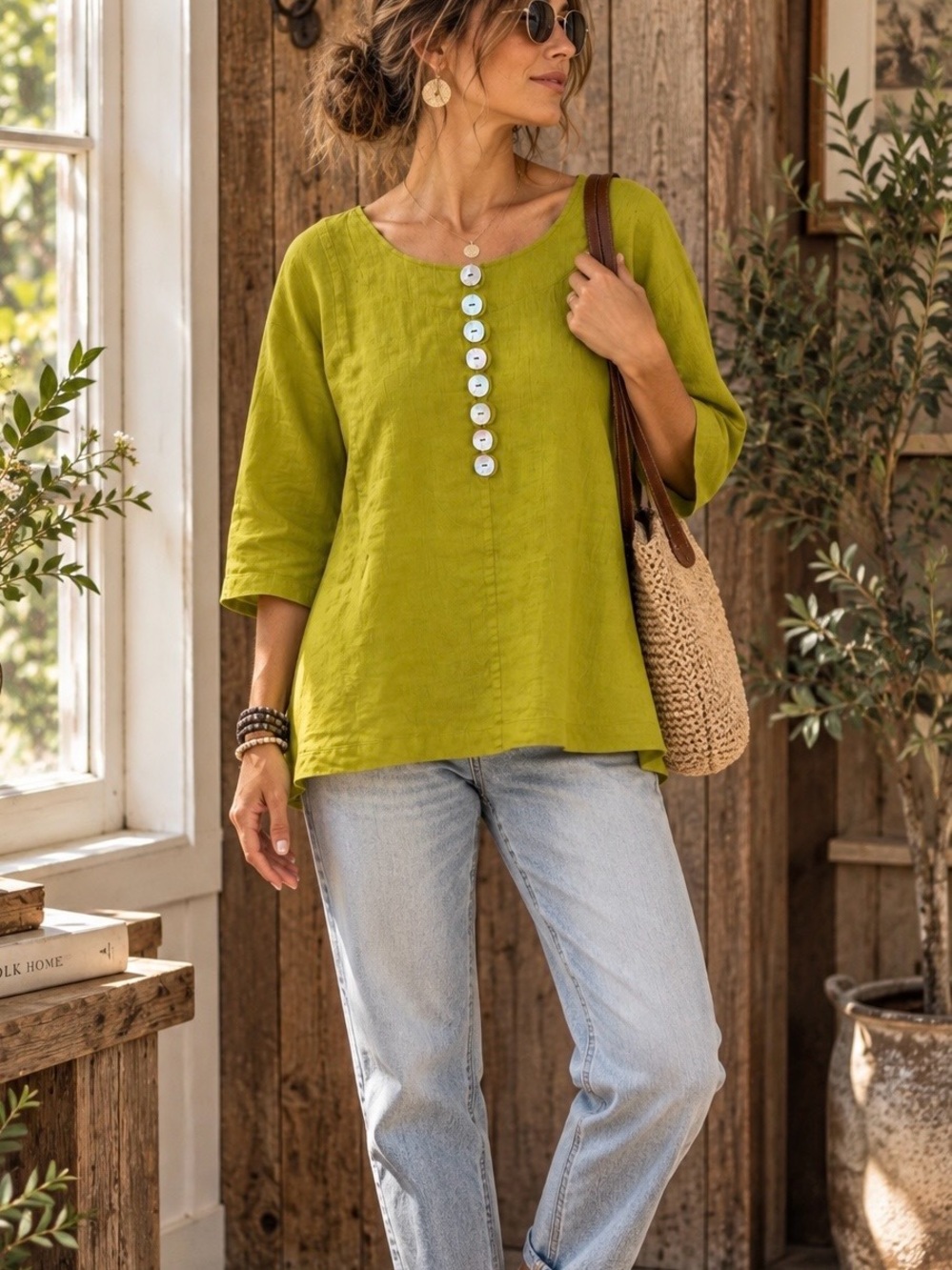 Amelline 100% Linen Chartreuse Lagenlook Tunic Top L Art to Wear Boho